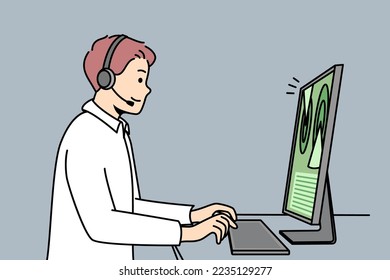 Web designer in headset works at computer. Man programmer in headphones sits at desk, types on keyboard in front of monitor screen, programming. Customer support. Vector minimalistic modern design.