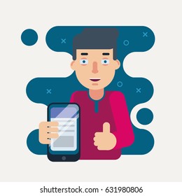 Web designer holds device with mobile page. Web development and programming concept. Vector illustration.