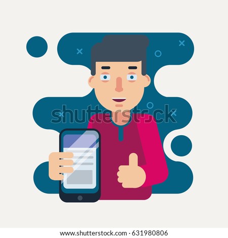 Web designer holds device with mobile page. Web development and programming concept. Vector illustration.