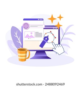 Web designer illustration. Monitor, hand, cup, pen, page. Editable vector graphic design.