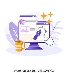 Web designer illustration. Monitor, hand, cup, pen, page. Editable vector graphic design.