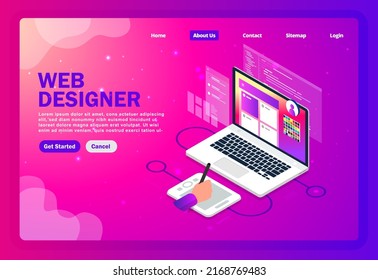 Web Designer Landing Page. Isometric Design Concept Web Designer 