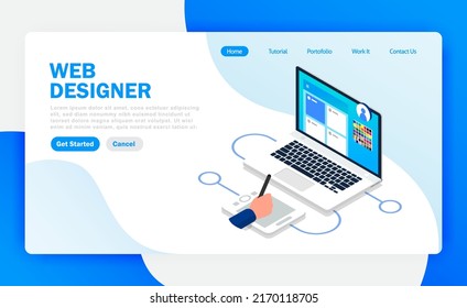 Web Designer Landing Page. Isometric Design Concept Web Designer 