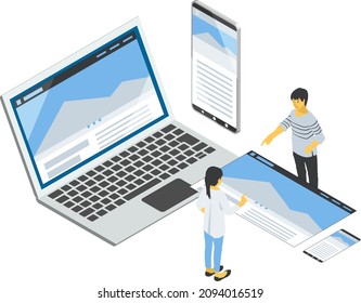 Web Designer Make Responsive Design.  Isometric Vector Illustration.