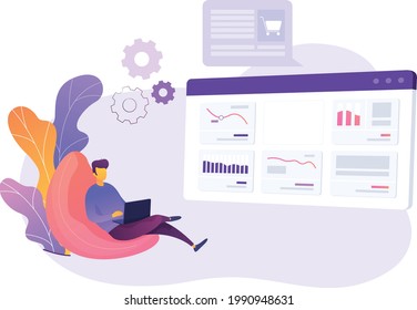 A web designer man sitting with laptop and working flat vector illustration