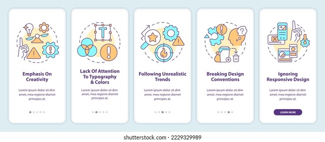 Web designer mistakes onboarding mobile app screen. User interface. Walkthrough 5 steps editable graphic instructions with linear concepts. UI, UX, GUI template. Myriad Pro-Bold, Regular fonts used