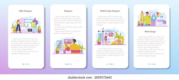 Web designer mobile application banner set. Interface and content presentation design and development. Website layout, composition and color development. Flat vector illustration