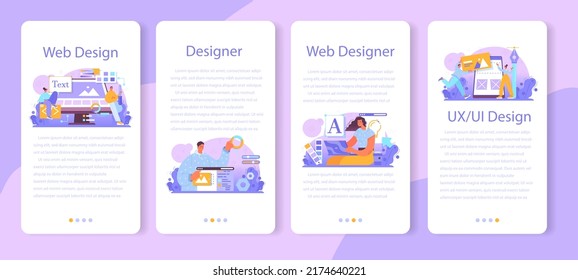 Web Designer Mobile Application Banner Set. Interface And Content Design And Development. UX, UI Design, Website Layout, Composition And Color Development. Flat Vector Illustration