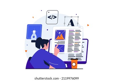 Web designer modern flat concept for web banner design. Woman creates and optimizes code and scripts, places blocks with graphic content on site layout. Vector illustration with isolated people scene