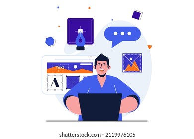 Diseño web concepto plano moderno para el diseño de banners web. El hombre crea contenido, dibuja elementos gráficos y coloca bloques con texto o imágenes en diseño. Ilustración vectorial con la escena de personas aisladas