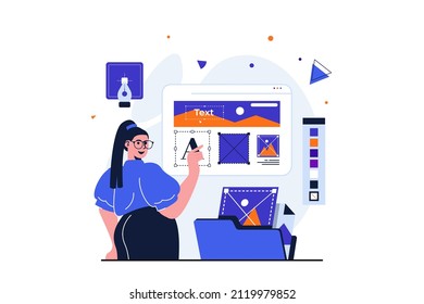 Diseño web concepto plano moderno para el diseño de banners web. La mujer crea y optimiza el diseño usando imágenes, coloca bloques en el sitio, trabaja con herramientas de dibujo. Ilustración vectorial con la escena de personas aisladas