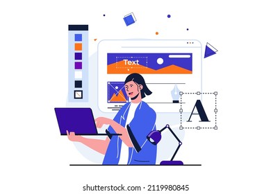 Web designer modern flat concept for web banner design. Woman creates content to fill site, works with digital graphics using drawing tools at laptop. Vector illustration with isolated people scene