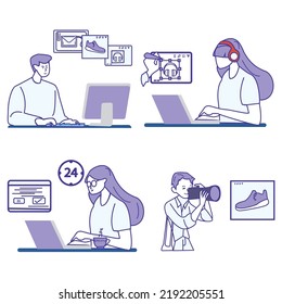 Web designer modern flat concept for web banner design. Man working with website layout places images and other graphic elements, optimized page code. Vector illustration with isolated