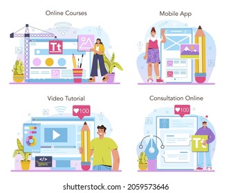 Online-Dienst oder Plattform-Set für Webdesigner Design und Entwicklung von Interface- und Content-Präsentationen. Online-Kurs, Beratung, Video-Tutorial, mobile App. Flache Vektorgrafik