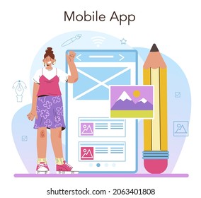 Servicio o plataforma en línea de diseñador web. Diseño y desarrollo de la interfaz y la presentación del contenido. Diseño, composición y color del sitio web. Aplicación móvil. Ilustración vectorial plana