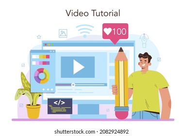 Web designer online service or platform. Interface and content presentation design and development. Website layout, composition and color. Video tutorial. Flat vector illustration