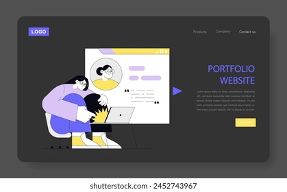 Web designer portfolio concept. A creative professional designs a personal website with an engaging user interface. Digital career, online presence. Vector illustration.