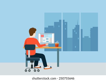 Web designer programmer coder on workplace over modern city blank background template mockup concept flat 3d web isometric infographic vector. Creative people collection.