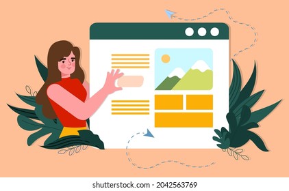 Web-Designer oder Programmierer-Konzept. Schöne Frau erstellt Website-Layout, legt Bilder und wählt Schriftarten. Professionell am Arbeitsplatz. Cartoon, moderne, flache Vektorgrafik einzeln auf rosafarbenem Hintergrund