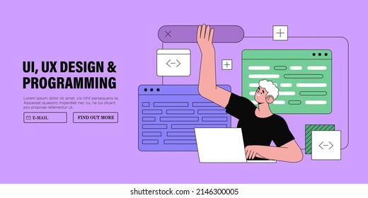 Web designer, programmer or freelancer work on web and ui application development usability, design or redesign on computer or device interface. Software developers and coding banner or landing page.