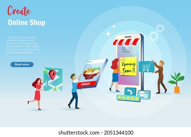 Web designer and programmer team create online shop on smartphone screen devices. Create online store application, online shopping and e commerce concept. 