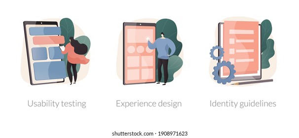 Web designer services abstract concept vector illustration set. Usability testing, experience design, identity guidelines, user experience test, UX and UI element, corporate ID abstract metaphor.