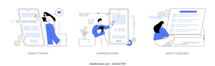 Web designer services abstract concept vector illustration set. Usability testing, experience design, identity guidelines, user experience test, UX and UI element, corporate ID abstract metaphor.