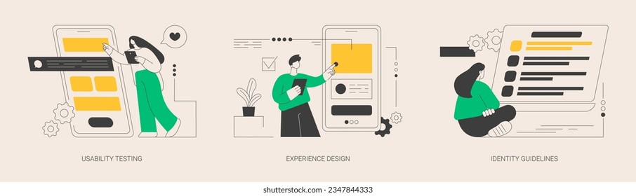 Web designer services abstract concept vector illustration set. Usability testing, experience design, identity guidelines, user experience test, UX and UI element, corporate ID abstract metaphor.