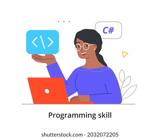 Web-Designer am Arbeitsplatz Konzept. Weibliche Entwickler halten Programmiersprachensymbol in ihren Händen. Zeichen, der auf Laptop arbeitet. Cartoon, moderne, flache Vektorgrafik einzeln auf weißem Hintergrund