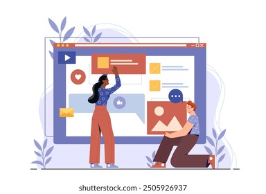 Web designer at work. Web designers guy and girl creating a web site. User interface design and UX for a program or application. Freelancers working on common project. Flat vector illustration