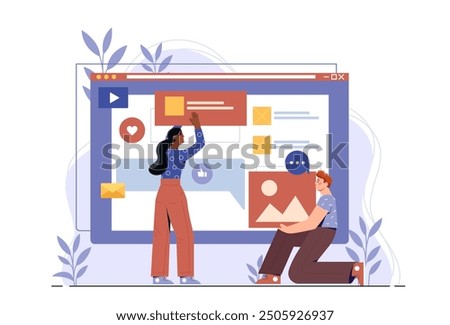 Web designer at work. Web designers guy and girl creating a web site. User interface design and UX for a program or application. Freelancers working on common project. Flat vector illustration
