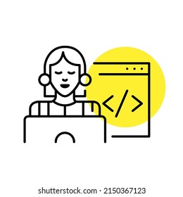 Web designer at work at laptop. Pixel perfect, editable stroke line icon