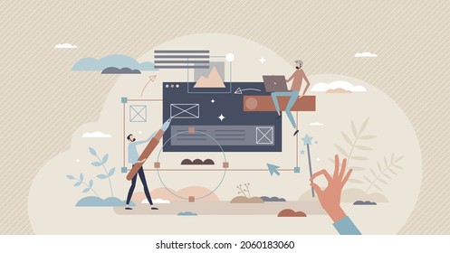 Web designer work occupation and landing page drawing tiny person concept. Interface coding for project cover with professional digital artist tools vector illustration. Creative job process scene.