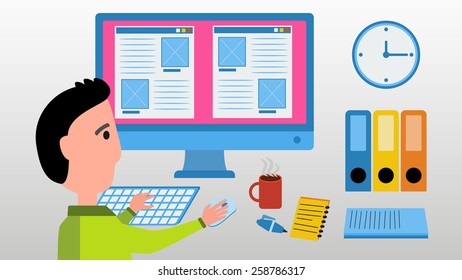 Web designer work on computer under building website. Office space concept. Vector illustration with man, monitor screen, clock, files and cup of hot coffee.