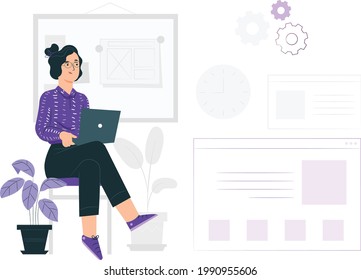 web designer working with laptop fixing wordpress vector flat Illustration