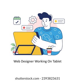 Web Designer Working On Tablet vector Filled outline Design illustration. Symbol on White background EPS 10 File