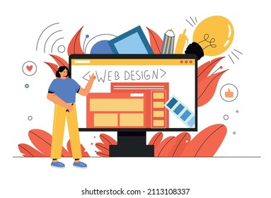 The Web Designer Is Working. A Woman And A Large Computer Monitor. Web Design Page, Website.