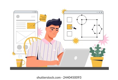 Web designer at workplace. Man with laptop develop graphic elements for programs, mobile application and webpage. Freelancer and designer. Cartoon flat vector illustration isolated on white background