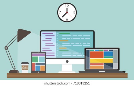Web designer workplace showing desktop, laptop and tablet computer in process of creating responsive web design - flat design vector illustration