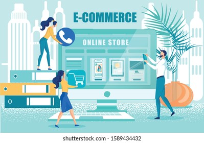 Web Designers, Analysts and Programmers Working on Online Store Creation. Internet Sites for Shopping Development. Business, E-Commerce and Digital Technologies. Vector Cartoon Flat Illustration