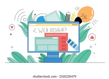 Web designer's computer, workplace. Computer screen with design elements