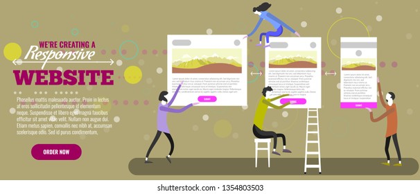 Web designers creatign responsive website. Tiny people making site. Vector illustration.
