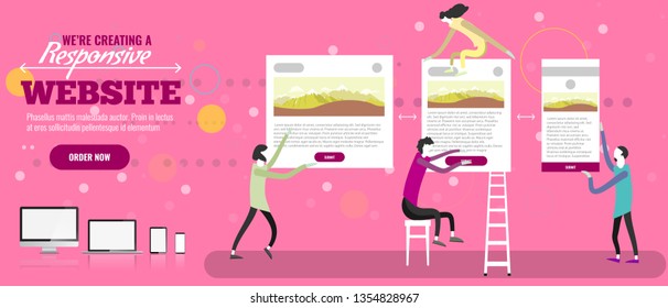 Web designers creatign responsive website. Tiny people making site. Vector illustration.