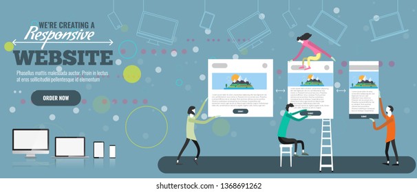 Web designers creatign responsive website. Tiny people making site. Vector illustration.