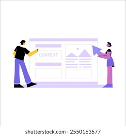 Designers Da Web Criando Layout De Conteúdo Em Ilustração De Vetor Plano Simbolizando Criatividade, Trabalho Em Equipe E Desenvolvimento De Sites, Isolados Em Fundo Branco.