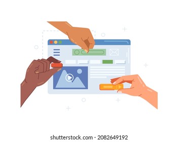 Web designers editing UX architecture of website for users. Vector in flat style. Changing page of social media, working on content, pictures and video in feed. Programming and managing process