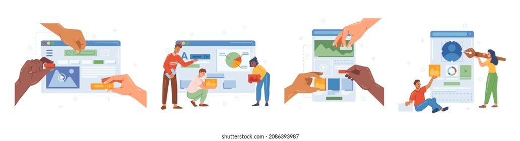 Web designers making interface of website page. Team working on widgets of social media, application for desktop or smartphone. UX and UI usability and navigation. Editing and functionality of sites