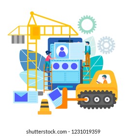 Web designers and marketers create a mobile application. Gears, construction crane and bulldozer symbolize the process of construction. Vector illustration for banners, social media, posters.