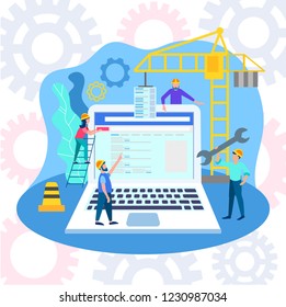 Web designers are working to create a successful Internet project, the concept of website development, construction crane and gears symbolize the workflow, the creation of the site content.
