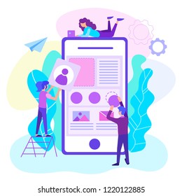 Web designers are working on creating a mobile application. Web mobile app development concept. Vectpr illustration for web design, blogging, social media.